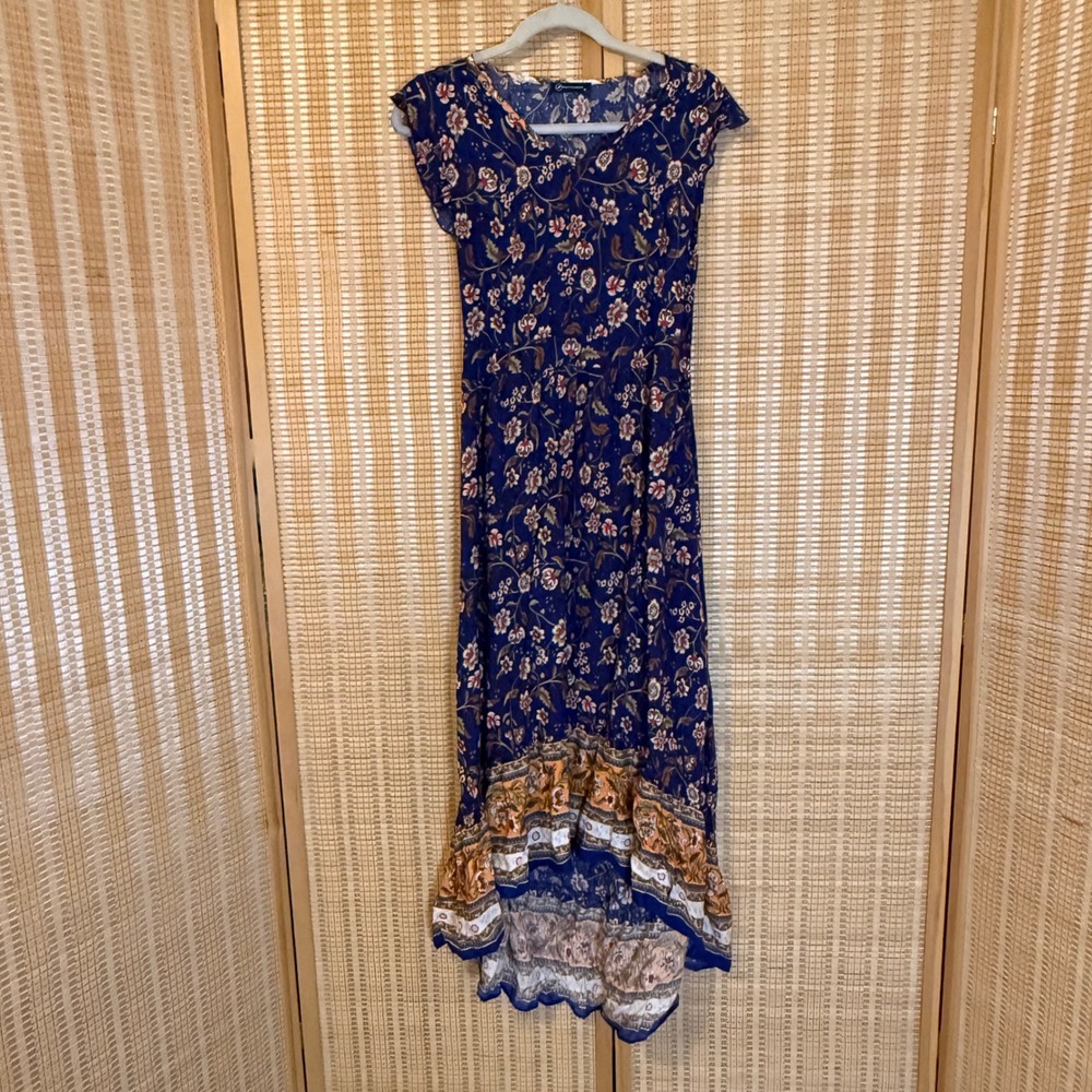 PrettyGarden Blue Floral High Low Maxi Dress Boho V-Neck Short Sleeve Medium